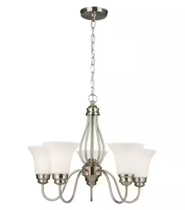 lot 80 image: Hampton Bay Kensley Park 5-Light Classic Traditional Brushed Nickel Hanging Candlestick Chandelier with Frosted White Shade