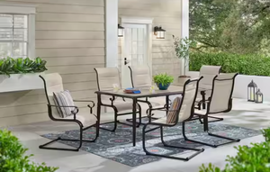 lot 102 image: Hampton Bay Glenridge Falls 7-Piece Metal Padded Sling Rectangular Outdoor Dining Set in CHARCOAL BROWN TAN FABRIC