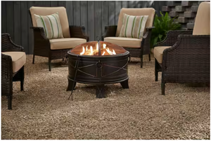 lot 143 image: Hampton Bay Quadripod 28.20 in. W Antique Bronze Steel Wood Outdoor Fire Pit with Screen and Poker Included