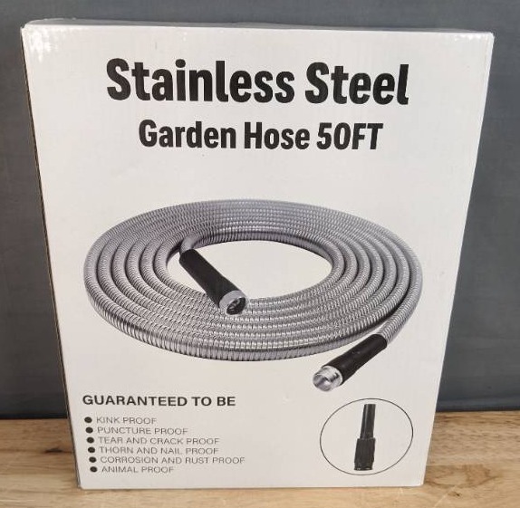 lot 173 image: Brand New Stainless Steel Garden Hose 50 Ft