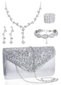 lot 59 image: Brand New Glitter Silver Clutch and Fashion Jewelry Set