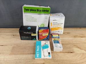 lot 86 image: Brand New Medical Supplies Skin Barrier, Gauze Sponges, Eyelid Wipes, and Foot Care Items