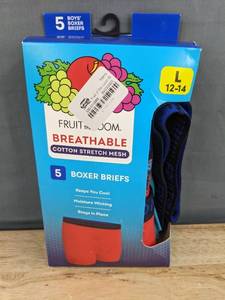 lot 101 image: Brand New Fruit of the Loom Boys Boxer Briefs, Size L (12-14), 5-Pack