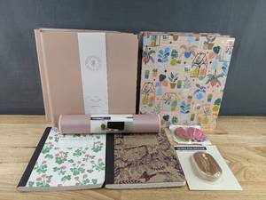 lot 108 image: Brand New Office Supplies 3-Ring Binders, Decomposition Books, Deskmat, Wireless Mouse, Letter Openers