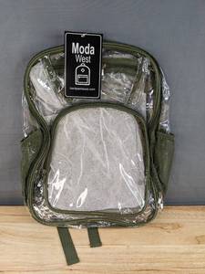lot 139 image: Brand New Moda West Clear and Green Backpack with Multiple Pockets