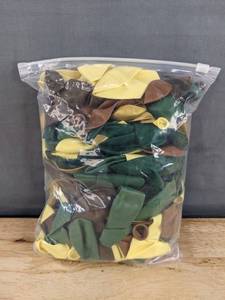 lot 150 image: Assorted New Latex Balloons in Camo Themed Colors with Orange Gift Bag