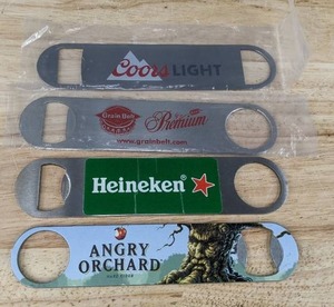 lot 94J image: 4 New Branded Bottle Openers with Coors Light, Grain Belt, Heineken, Angry Orchard Designs