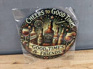 lot 106J image: Brand New 8 Round Tin Sign - Cheers to Good Times Design