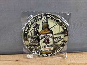 lot 124J image: Brand New Jim Beam Bourbon 8-Inch Round Tin Sign