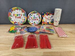 lot 842 image: Brand New Lego-Inspired Party Supplies Set with Plates, Cups, and Balloons