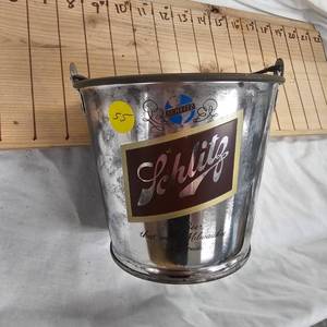 lot 55 image: Vintage Schlitz Beer Metal Peanut PailIce Bucket, double Sided
