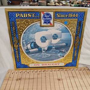 lot 60 image: Pabst Blue Ribbon on Draught Fishing ReelsLures Early 70s Bar Sign