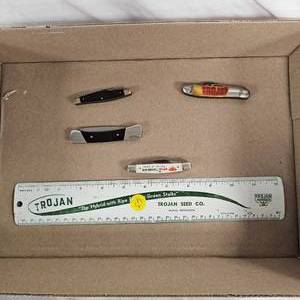 lot 63 image: Trojan Metal Ruler and Pocket Knives