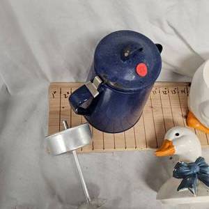 lot 73 image: Mother Goose Cookie Jar and Porcelain Blue Coffee Pot