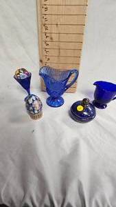 lot 14 image: Avon Fostoria Cobalt Pitcher, Colbalt Blue Lidded Bowl (chipped Rim), Decorative Egg