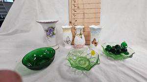 lot 15 image: Assorted Vases, Sandwich Glass Bowl, 2 Piece Depression Glass.