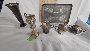 lot 16 image: Haddon Oneida Silver Plated CreamerSugar, Silver Tray and Assorted Pieces