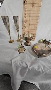 lot 18 image: Footed Silver Onieda Silent Butler, Bell, 2 Fluted Glasses, Candle Holder
