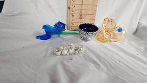 lot 20 image: Fenton Glass Hobnail Colonial Blue Cat Head, and Pulled Glass Flower, Cobalt Blue Dish