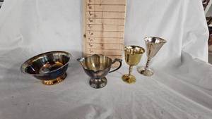 lot 24 image: Arber Bros Silver Plated Bowl, Pair of Chalices, Fowler Plated Bowl