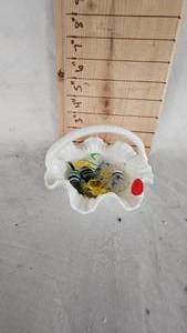 lot 30 image: Ruffled Basket Dish with Murano and Assorted Glass Swirl Art Candies