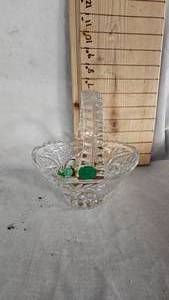 lot 32 image: Crystal Handled Candy Dish with Murano and Assorted Glass Swirl Candies
