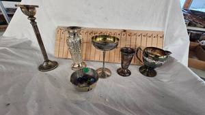 lot 35 image: Silver Plated Candleholder, Creamer, Etc with Marbles