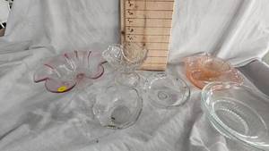 lot 38 image: Lot of Assorted Crystal, Clear Glass, and Pink Depression Dishes