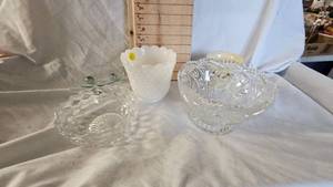 lot 39 image: FireKing Hobnail Dish, with crystal dishes and Misc glass