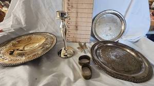 lot 41 image: Silver Trays w Candlestick and Napikn Holders