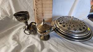 lot 42 image: Silver Plated Double Heart Wedding Cup, Veggie Dish and SugarCreamer