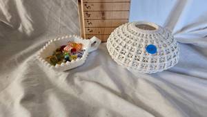 lot 43 image: Vintage Open Weave Porcelain Vase, Milk Glass Hobnail Dish with Murano and Asst Art Swirl Candies