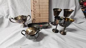 lot 52 image: Assorted Silver Plated Chalice, Creamer and Serving Boat
