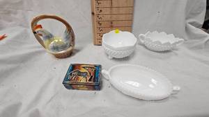 lot 91 image: Assorted Milk Glass Dishes with Tricken Box and Figure(Brazil)
