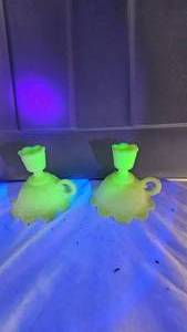 lot 107 image: Fenton Satin Glass Finger Loop Candle Holders(2)