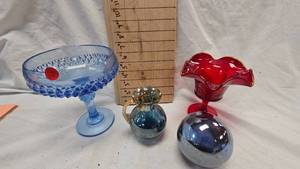 lot 108 image: Red Fluted Art Glass, Tall Footed Compote Dish(Blue), irradescent Carnival Glass