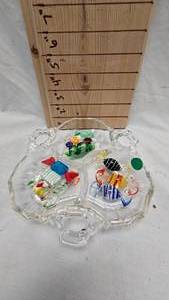 lot 111 image: Clear Glass Sectional Dish wMurano and Assorted Swirl Art Glass Candies