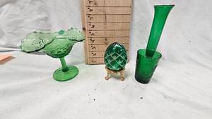 lot 113 image: Greeen Footed Compote, Green Fabrege Style Egg, Vase and Glasses