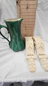 lot 114 image: Pair of Plater Corbels and Green Pottery Pitcher