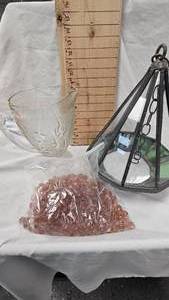 lot 118 image: Jeanette Depression Glass, Pitcher(chip on rim)Glass TerrariumCandle HolderFeeder