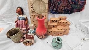 lot 121 image: Vintage Handmade Mexican Doll, Adobe Light, Pottery Vases, Spinning Monkey Drum