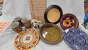 lot 122 image: 3 Pottery Cups, Wood Bowls and Serving Tray, Decorative Plate and Misc