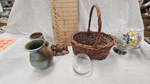 lot 125 image: Stone Vase, Votive Holder,Basket, Small Gazing Ball, Glass Dish, Nativity Lot