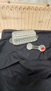 lot 129 image: Cut Glass Knife Rest, Glass Butter Dish