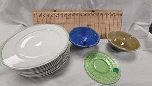lot 133 image: Assorted Plates, Pottery Bowls and 2 Green Depression Plates