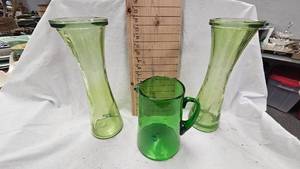 lot 134 image: Green Glass Pitcher and  Green Colored Vases