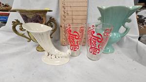 lot 141 image: RumRil Cornacopia Vase 413 and Rumril Fluted Handle Vase, Pepsi Glasses