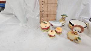 lot 144 image: 9.5 Milkglass Panel Grape Vase, Duck Figurines, Condiment HolderSaltPepper Shaker, Acrylic Angel
