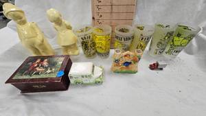 lot 146 image: Vintage Creamy Yellow Ceramic Dutch BoyFirl, State Glasses as shown