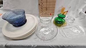lot 159 image: Footed Etched Flower Dish, MN Centenial Glass, 2 Clear Glass Dishes,(5)White Stoneware Round Dinner Plates and Mikassa Cobalt Blue Glass Bowl